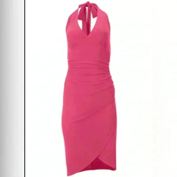 Hot Pink Asymmetrical Halter Wrap Dress - Picture 2 of 13